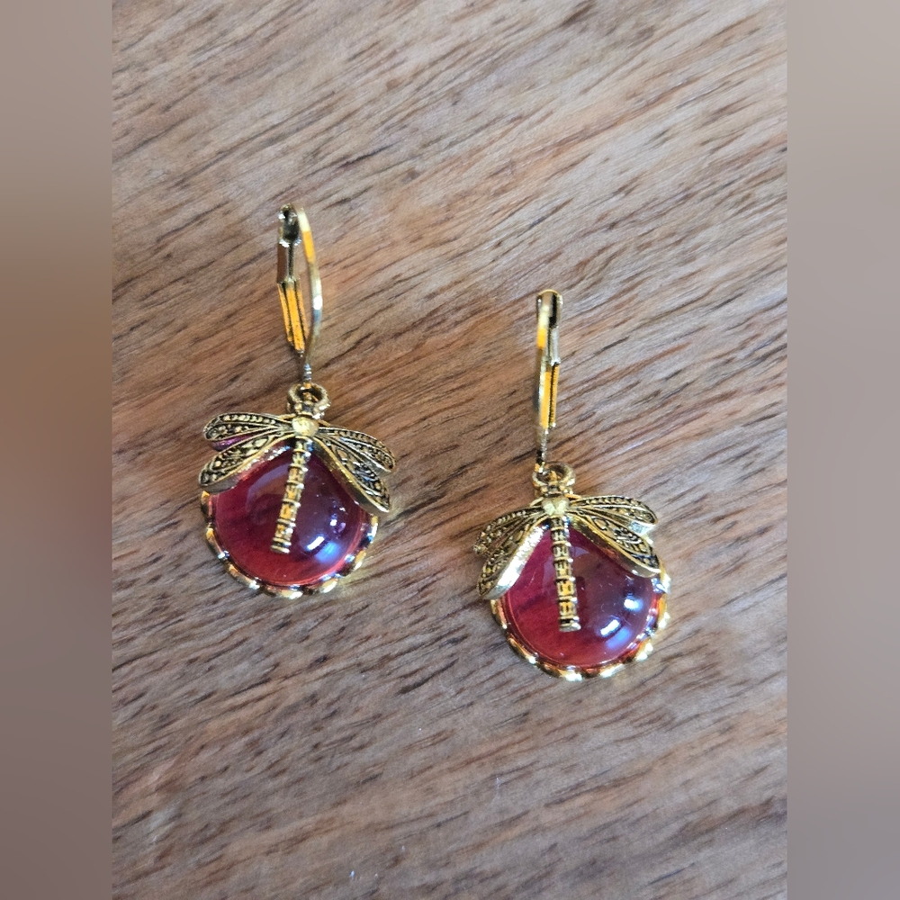 Elegant Gold and Pink Dragonfly Earrings